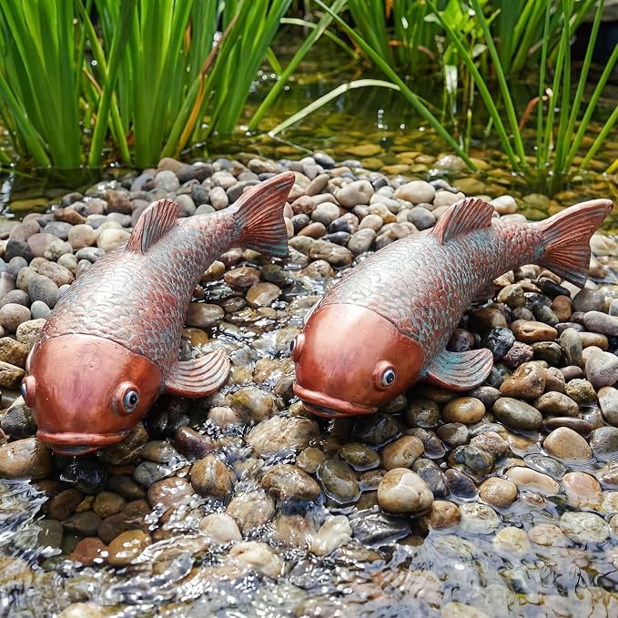 Set of 2 Antique Koi Statue - Resin Real Fish Garden Sculpture, Elegant Live Fish Pond Decor for Patio, Backyard,Unique Outdoor Ornaments