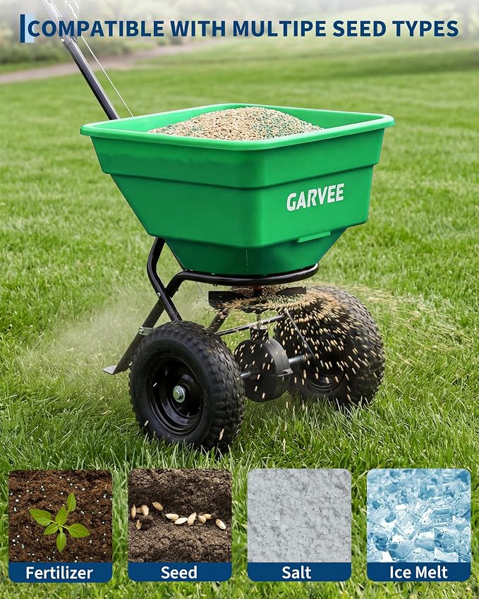 100LBS Push Broadcast Spreader, 12FT Spreading Width, 13 in All-Terrain Wheels, Adjustable Flow Control, Heavy Duty Walk Behind Lawn Spreader for Fertilizer, Grass Seed, Ice Melt, Salt