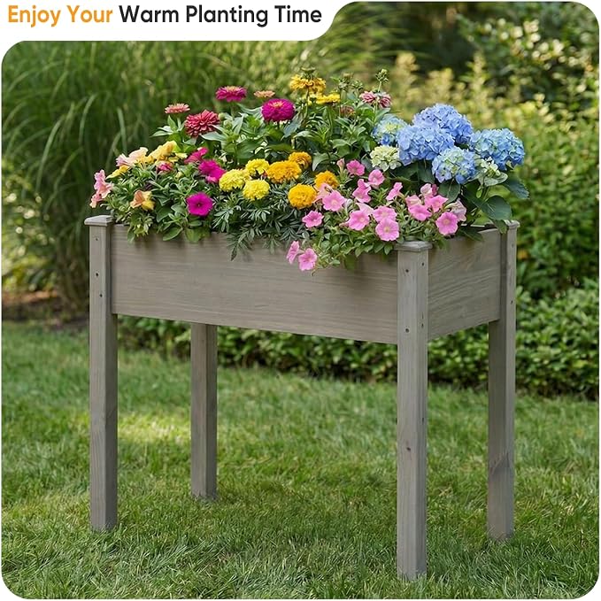 NEWBULIG Raised Garden Bed Wood 34x18x30in, Elevated Wood Planter Box Stand with Legs for Outdoors Balcony Backyard, Raised Garden Bed for Planting Herbs Flowers Vegetables, Grey