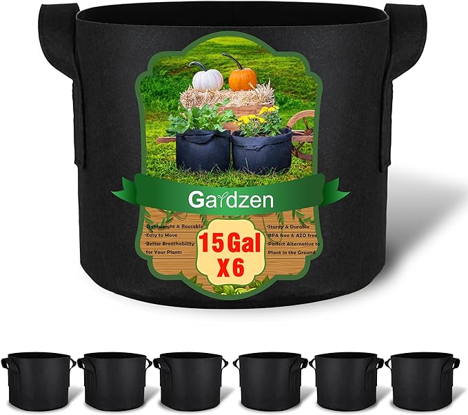 Gardzen 6-Pack 15 Gallon Grow Bags, 300G Thickened Nonwoven Fabric Pots with Handles, Heavy Duty Aeration Plant Bags for Gardening and Container Growing