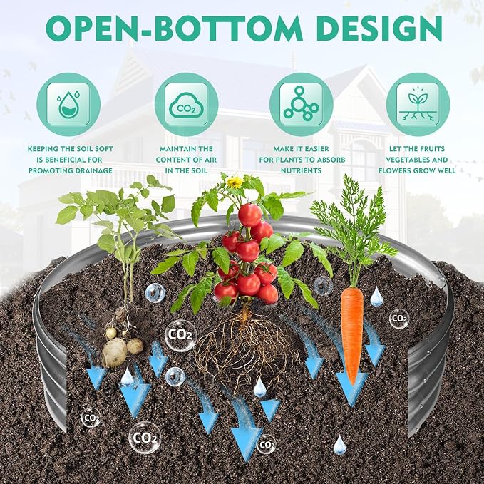 12 Inch Tall 48 Inch Diameter Round Silver Raised Garden Bed Kits Outdoor | 1 FT Tall,4 FT Planter Bed for Flowers,Herbs,Vegetables,Trees,0.8MM Thick Galvanized Metal Painted,with Gloves,Tool free