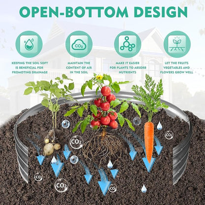 12 Inch Tall 48 Inch Diameter Round Silver Raised Garden Bed Kits Outdoor | 1 FT Tall,4 FT Planter Bed for Flowers,Herbs,Vegetables,Trees,0.8MM Thick Galvanized Metal Painted,with Gloves,Tool free