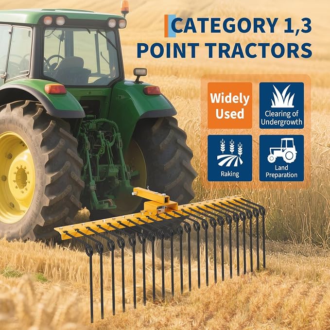 Tow Behind Landscape Rake, 60" Tow Dethatcher with 21 Steel Tines, Lawn Dethatcher Rake Attaches to Category 1, 3 Point Hitch for Tractor, for Leaves, Pine Needles, Straw, and Grass
