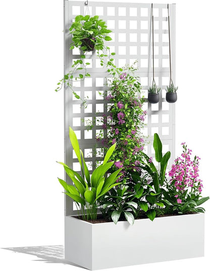 Outsunny Galvanized Raised Garden Bed with Trellis, Metal Planter Box with Drainage Holes, Outdoor Privacy Screen for Climbing Plants, Vegetable, Vines, 35" x 16" x 70", White
