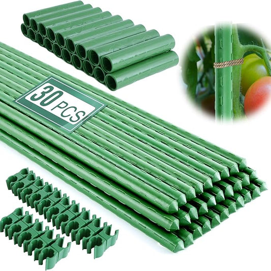Fabulas Garden Stakes 16 Inch 30 Pack, Diy 4ft 5ft 6ft 7ft 8ft Tomato Stakes Plastic Coated Metal Plant Sticks Stakes Supports with 20 Connectors 15 Rotatable Clips for Indoor Outdoor Plants Vegetable