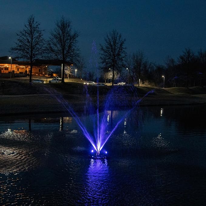 Half Off Ponds 3/4 HP Floating Fountain and Aerator | 8,000 GPH output, 11 spray patterns, Color-changing LED lights, 100 ft power cord, Energy-efficient