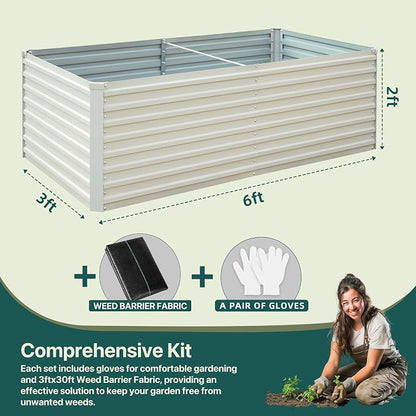 Raised Garden Bed 6x3x2ft, Galvanized Raised Garden Beds Outdoor for Vegetables Flowers Herbs, Steel Large Deep Planter Box, Tall Raised Garden Bed with 3ftx30ft Weed Barrier Fabric and Glove, Beige
