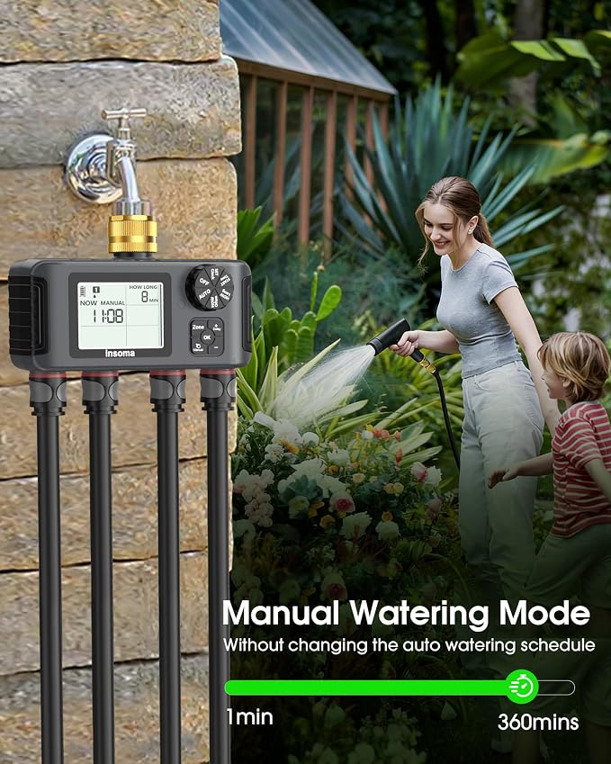 Insoma 4 Zones Sprinkler Timer with Brass Inlet & Outlet, Water Timer for Garden Hose with Auto/Manual/Rain Delay Mode, Hose Timers for Irrigation Watering System for Yard, Lawn, Plant Watering