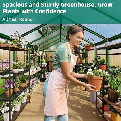 8x12 Ft Outdoor Greenhouses, Greenhouse Kit, Portablee Greenhouses with Ground Nails and Vent Windows, Sliding Lockable Door, Polycarbonate Green Houses for Outside Garden Backyard, Green