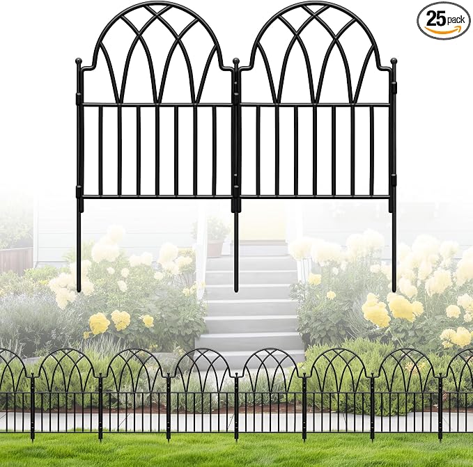 25 Pack Decorative Garden Fence Panels - 26.41Ft Arched Landscape Border with Floral Design, Rustproof No-Dig Animal Barrier Fence Panels for Yard Edging Flower Bed Patio Dog Run Area&Outdoor