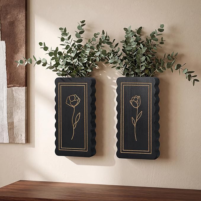 2 Pack Wooden Wall Planter Vase, Scalloped Farmhouse Wall Decor with Floral Line Art, Rustic Hanging Pockets for Faux Flowers, Living Room, Bathroom, Entryway(Black)