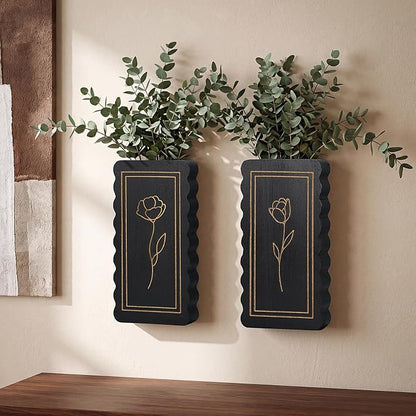 2 Pack Wooden Wall Planter Vase, Scalloped Farmhouse Wall Decor with Floral Line Art, Rustic Hanging Pockets for Faux Flowers, Living Room, Bathroom, Entryway(Black)