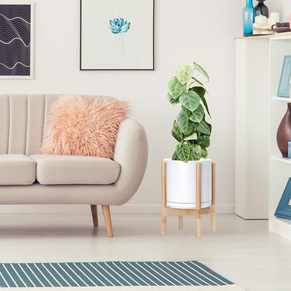D'vine Dev Ceramic Planter with Natural Stand - 10 Inch Modern Round Flower Pot with Wood Planter Holder, White, 55-B-K-1