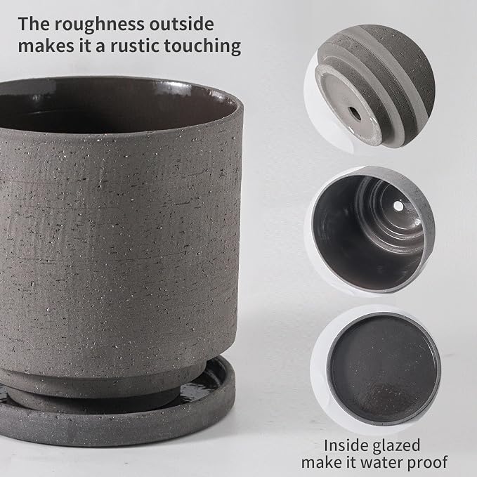 Nihow Ceramic Plant Pot Drainage Hole & Saucer for Indoor Plants, 5.7 Inch | Charcoal Gray, Cylinder Planters, Art Modem Design, Home Garden Patio Office