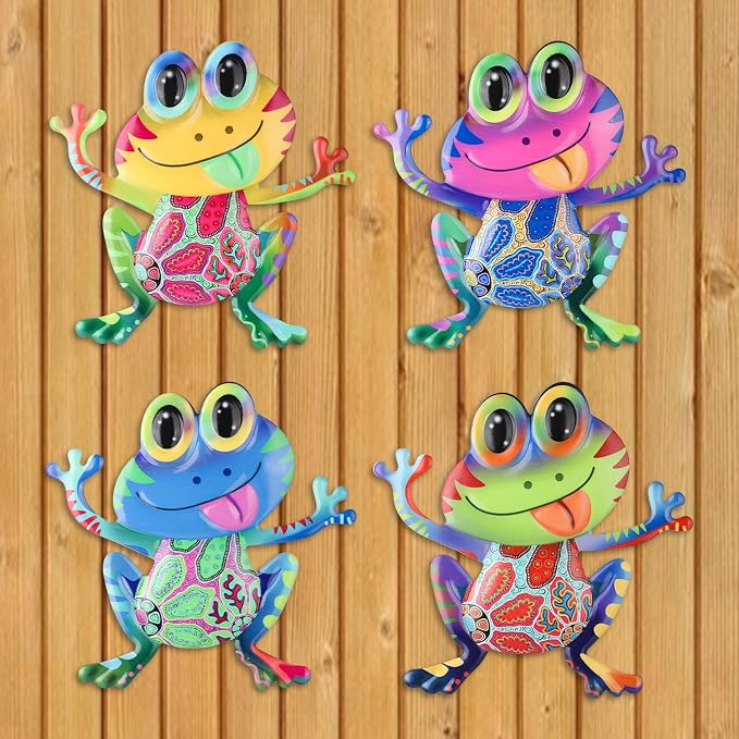 Junware Metal Frog Wall Decor, 4Pcs Frog Iron Wall Art Sculptures Art Frogs Wall Hanging Sculpture Decoration. Outdoor Fence Art for Home Garden, Fence, Patio, Yard, Bedroom Outside Gifts for Adults