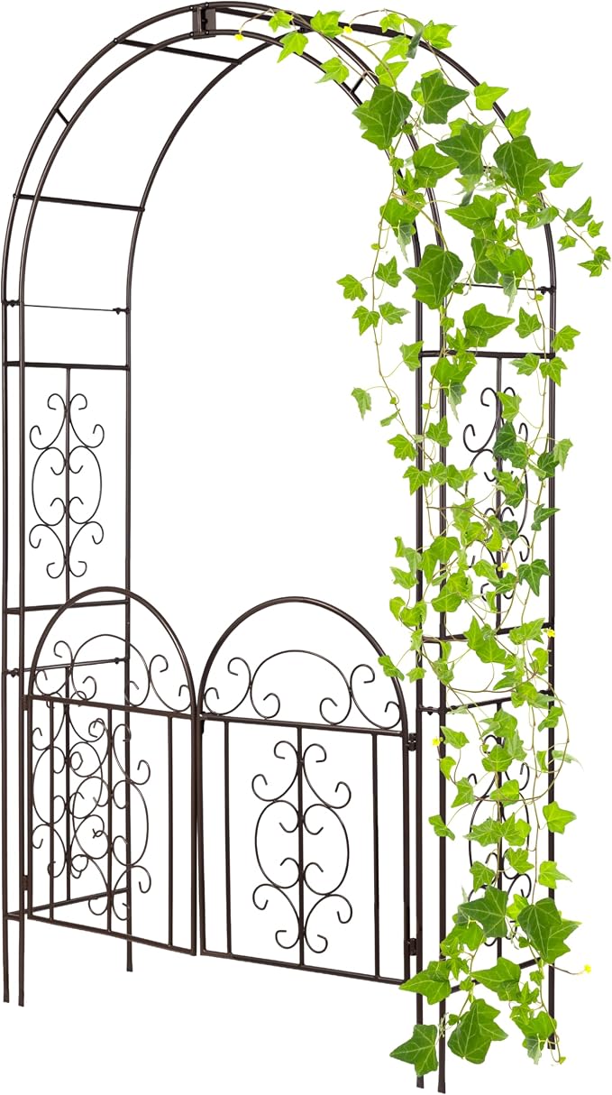Plow & Hearth Arch Metal Outdoor Garden Arbor, 84 inches Tall, Iron Trellis Lattice for Climbing Plants, Wedding Arch, Outdoor Patio Décor (Montebello-Gunmetal with Gate)