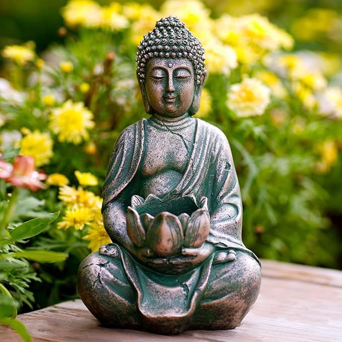 Goodeco Meditation Small Buddha Statue Figurine -Buddha with LED Tea Lights Candle Holder,Gift idea,Zen Home Decor Meditation Accessories,Antique Bronze Look 8"