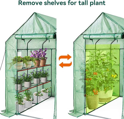 Walk in Greenhouse with Shelves,Plastic Growhouse Frame for Garden,12 Tiers Green House with Reinforced PE Cover and 4 Windows,56" L x 56" W x 77" H,for Indoor Outdoor Seeding and Plant Growing