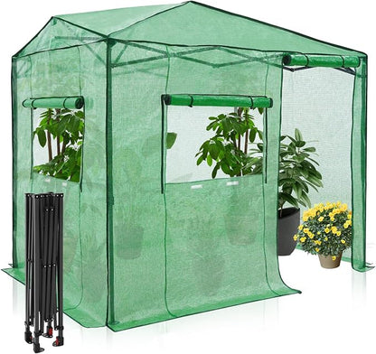 EAGLE PEAK 6x8 Portable Walk in Greenhouse, Pop Up Indoor Outdoor Greenhouse, Green House Kit with Zippered Roll-Up Doors and Windows, Side Door Design, PE Cover, Clear/Green