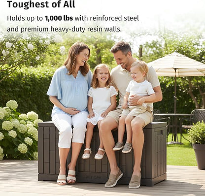 EAST OAK 120 Gallon Outdoor Storage Box | Large Resin Deck Box with Reinforced Stainless Steel Support | Waterproof & UV-Resistant Patio Storage Box for Cushions, Garden Tools & Accessories, Grey
