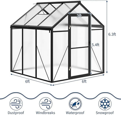 Garvee 6 x 6 FT Greenhouse, Greenhouses for Outside, Polycarbonate Greenhouse with Aluminum Frame, Lockable Door and Ajustable Roof Vent for Backyard, Green Houses for Outside Garden Backyard, Patio