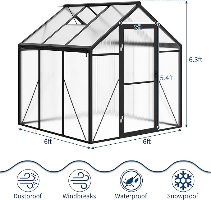 6x6 ft Walk-in Greenhouse, Polycarbonate Panels with Reinforced Aluminum Frame, Large Garden Green House for Planting and Seed Starting, Quick-Assembly Structure with Adjustable Roof Vent