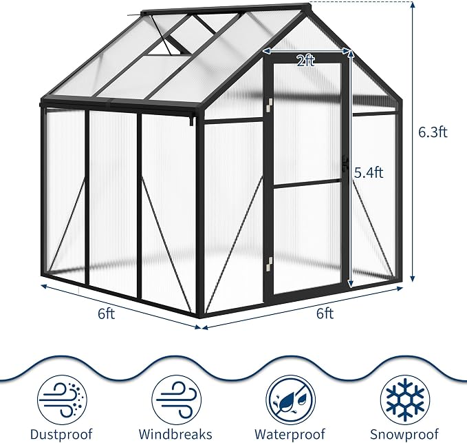 6×6 FT Greenhouse, Large Walk in Greenhouses for Outdoors and Garden Planting, Polycarbonate Greenhouse with Enhanced Aluminum Frame, Green Houses with Quick Setup Structure and Roof Vent, Black