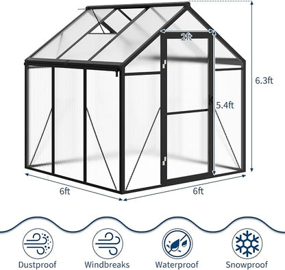 6×6 FT Greenhouse, Large Walk in Greenhouses for Outdoors and Garden Planting, Polycarbonate Greenhouse with Enhanced Aluminum Frame, Green Houses with Quick Setup Structure and Roof Vent, Black