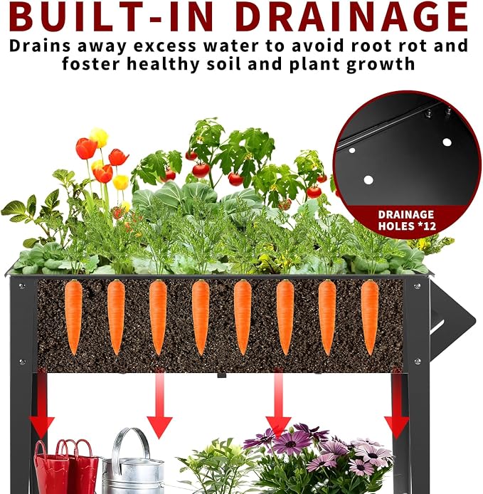 DNKMOR 32" Tall Raised Garden Bed Outdoor with Wheels & Storage Shelf or Mobility,Mobile Anti-Rust Steel Planters for Outdoor Plants,Planter Box for Vegetables/Flower/Herbs,Patio-Balcony-Backyard