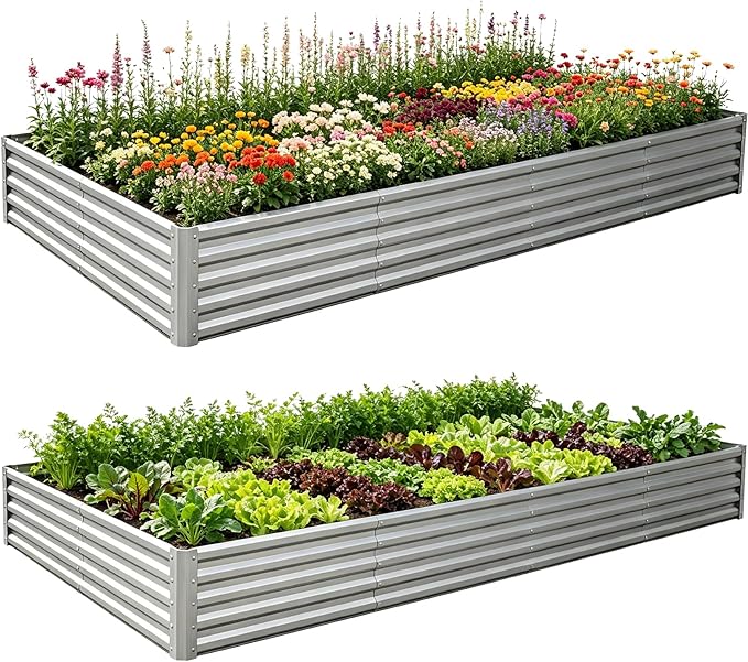Galvanized Raised Garden Bed 8x4x1 ft(2 Pack),Outdoor Planter Box Metal Patio Kit Planting Bed for Vegetables Flowers and Succulents,Silver
