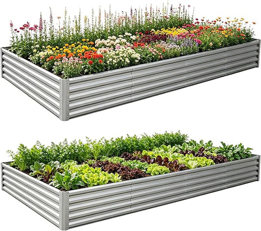 Galvanized Raised Garden Bed 8x4x1 ft(2 Pack),Outdoor Planter Box Metal Patio Kit Planting Bed for Vegetables Flowers and Succulents,Silver