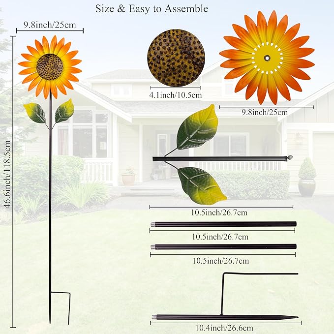 Viveta 2Pack Metal Sunflower Wind Spinner Outdoor,Pinwheels | Kinetic Decorative Wind Sculpture wtih Sturdy Stake, for Yard and Garden