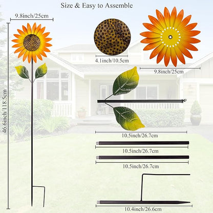 Viveta 2Pack Metal Sunflower Wind Spinner Outdoor,Pinwheels | Kinetic Decorative Wind Sculpture wtih Sturdy Stake, for Yard and Garden