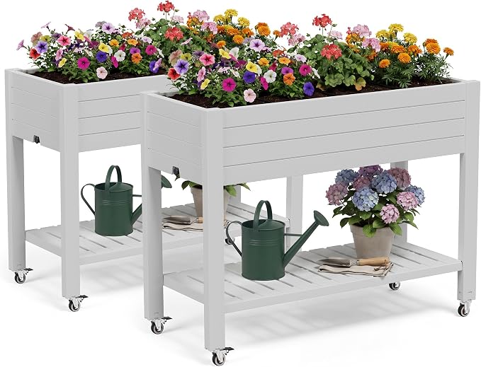 Fancyango Raised Garden Bed with Wheels 33.7" Hx2 -Ashen | Resin Elevated Garden Planter Box with Drainage, Outdoor Planter Box for Veggies Herbs Patio Balcony Backyard
