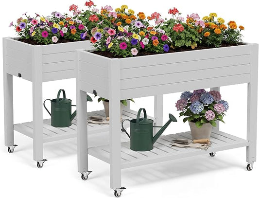 Fancyango Raised Garden Bed with Wheels 33.7" Hx2 -Ashen | Resin Elevated Garden Planter Box with Drainage, Outdoor Planter Box for Veggies Herbs Patio Balcony Backyard