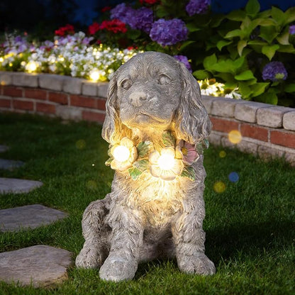 Garden Statue Dog Memorial Gifts - Yard Art Decoration with Flower Solar LED Lights Waterproof Resin Garden Figurine Decor for Outdoor Patio Yard Lawn Ornament