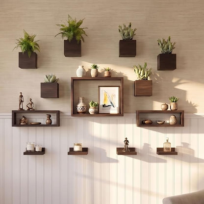 LaLaGreen Wooden Floating Shelves (13-Piece Set) Indoor Wall Mounted Plants | Planter Boxes for Indoor Plants, Decorative Wood Display Shadow Box Kitchen, Bathroom, Bedroom, Living Room, and Home Decor