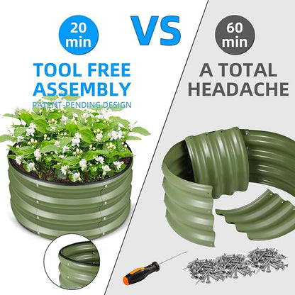 STAGE 3 Pcs Round Raised Bed, 2×2×1ft Galvanized Steel Planter Box for Small Space Gardening, Easy Assembly Elevated Garden Bed with Open Bottom Drainage for Vegetables Herbs Flowers, Olive Green