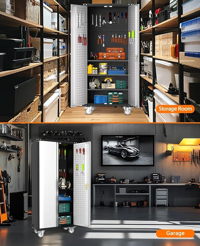 Garvee Cabinet Metal Storage Cabinet with Wheels, Heavy Duty Steel Rolling Organizer with Lockable Doors, Adjustable Shelves, Utility Garage Cabinet for Home, Office, Workshop, Laundry Room, Kitchen