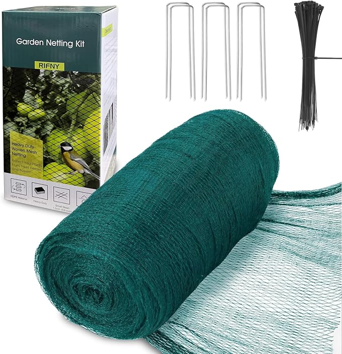 Bird Netting for Garden Protection, 7.5 x 65 FT Heavy Duty Garden Netting with Ties and Landscape Staples for Vegetable, Fruit Trees & Other Plants Against Birds Deer Squirrels and Poultry