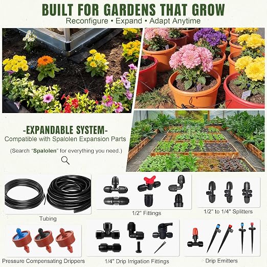 1/4" Drip Irrigation Dripline Tubing 100FT, Built-in 0.5 GPH Emitters Every 6", Drip Line with 1/4" Fittings, Saving 80% Water, No Extra Drippers Needed for Raised Bed Garden Rows Flower Beds