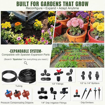 1/4" Drip Irrigation Dripline Tubing 100FT, Built-in 0.5 GPH Emitters Every 6", Drip Line with 1/4" Fittings, Saving 80% Water, No Extra Drippers Needed for Raised Bed Garden Rows Flower Beds