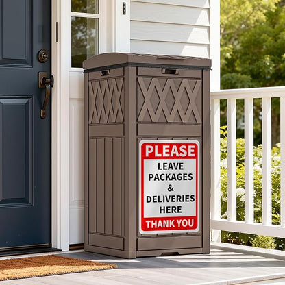 YITAHOME Package Delivery Box with Lift-Out Bag, 31 Gallon Waterproof Parcel Drop Box with Sign, Resin Porch Package Container for Curbside& Outdoor Use, Dark Brown