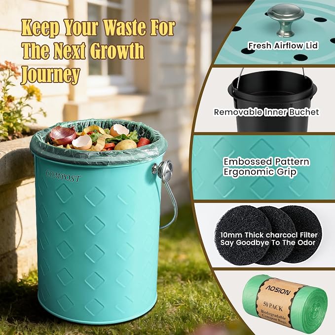 AOSION Countertop Compost Bin Kitchen,Odorless Indoor Compost Bin with Lid | 1 Gallon Composter Container,Removable Inner Bucket,50 Compost Bags,2 Carbon Filters,ideal for food scraps,coffee grounds