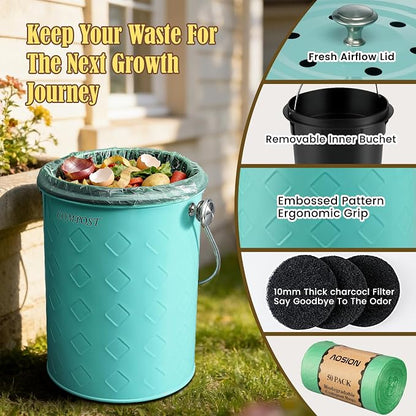 AOSION Countertop Compost Bin Kitchen,Odorless Indoor Compost Bin with Lid | 1 Gallon Composter Container,Removable Inner Bucket,50 Compost Bags,2 Carbon Filters,ideal for food scraps,coffee grounds