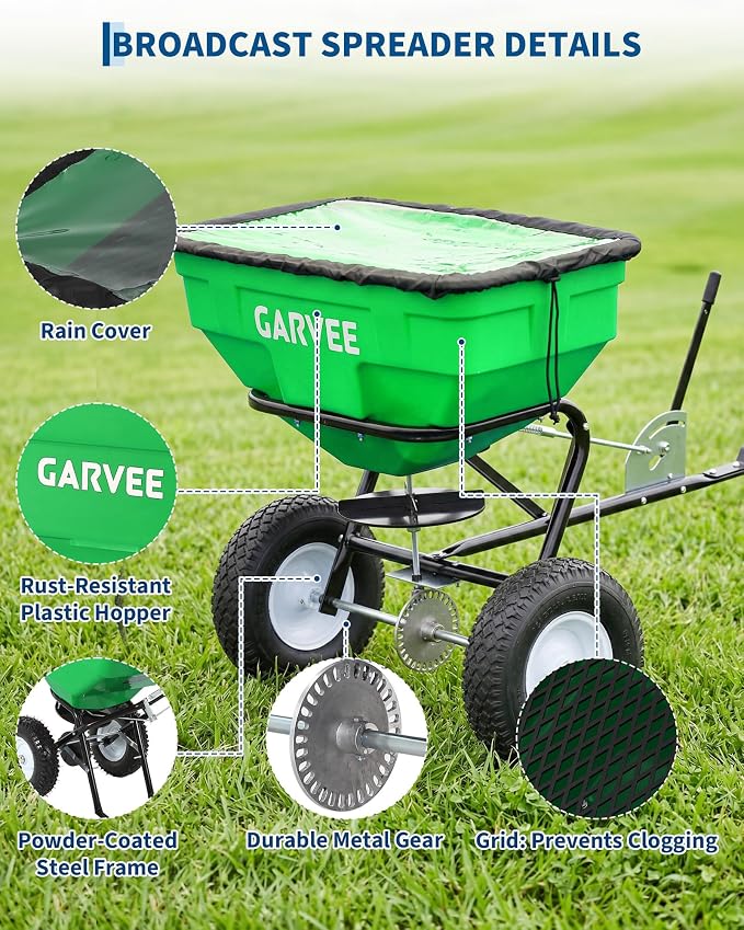 Tow Behind Broadcast Spreader, 125 LBS Large Capacity Universal Hook Tow & Push Lawn Spreader, 9.8 ft Spreading Width 30 Adjustable Settings, Compatible with UTV ATV Riding Mower & Most Tractors