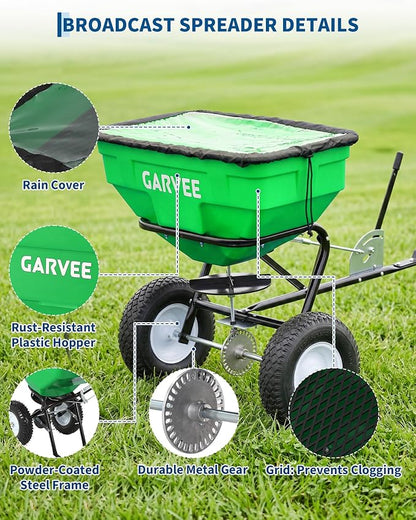 Tow Behind Broadcast Spreader, 125 LBS Large Capacity Universal Hook Tow & Push Lawn Spreader, 9.8 ft Spreading Width 30 Adjustable Settings, Compatible with UTV ATV Riding Mower & Most Tractors