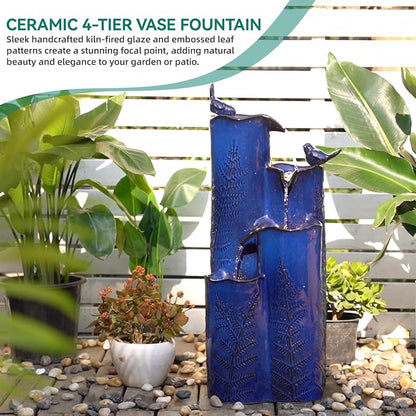 Autodaya 32" H Ceramic Outdoor Water Fountain with LED Lights, 4-Tier Vase | Cascading Waterfall with Cobalt Blue Glaze, Fern-Texture, Upgraded Pump, Bird Water Feature for Garden Patio Yard Porch Decor