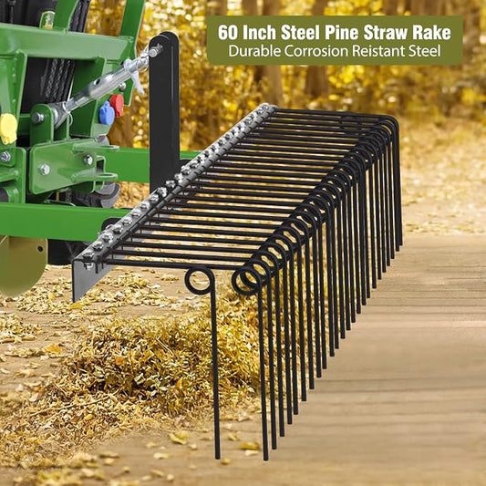 60 Inch Pine Straw Rake, 26 Coil Spring Tines Durable Powder Coated Steel Tow Behind Landscape Rake with 3 Point Hitch Receiver Attachment Fit to Cat0 Cat 1 Tractors for Leaves Grass,Black