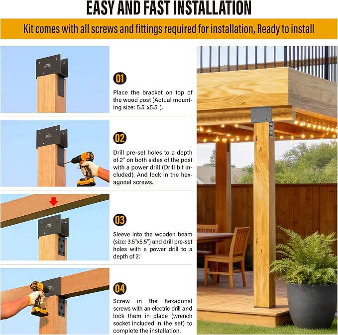 2pc 4x6 (Actual 3.5"x5.5") Post Cap Tie Bracket, Stainless Steel Wood Beam Support Bracket, for Gazebos, Patio Decks, and Porches Wood Post to Beam Support (Dark Ggray)